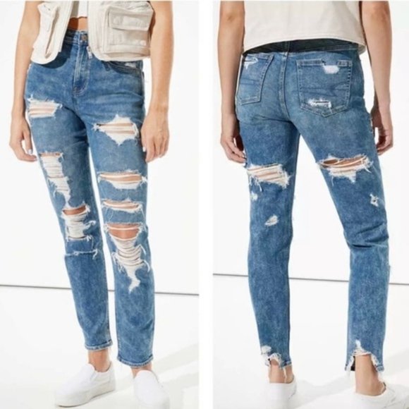 American Eagle Outfitters Denim - American Eagle Mom Jeans Acid Stone Wash Heavily Distressed High Rise Tapered 4